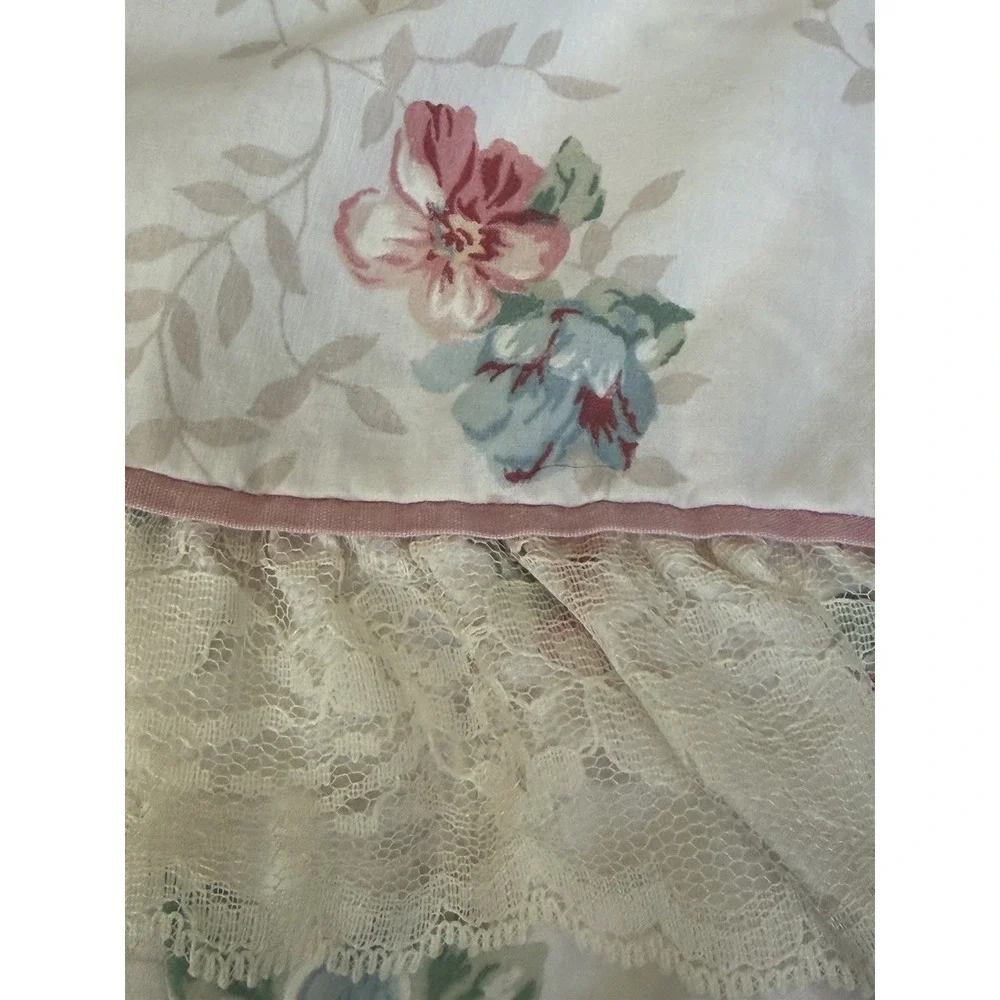 Vintage Springs Industries Queen Flat Sheet Lace Ruffle Roses Cottage Country